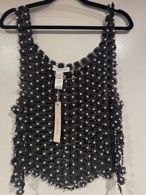 She + Sky Black Beaded Floral Pearl Applique Top